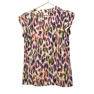 Cabi v neck cap sleeve multi color feather print size XS